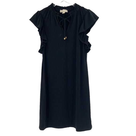2/$30 MICHAEL Michael Kors Black Dress Size XS Ruffle Gold Accents Tie Neck - Picture 6 of 6